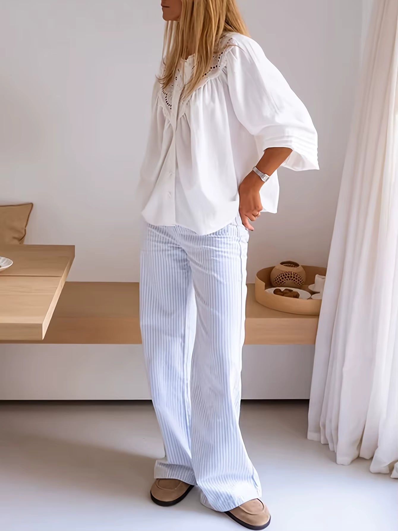 Denise White Lace Yoke Blouse with Elegant Cutout Detail