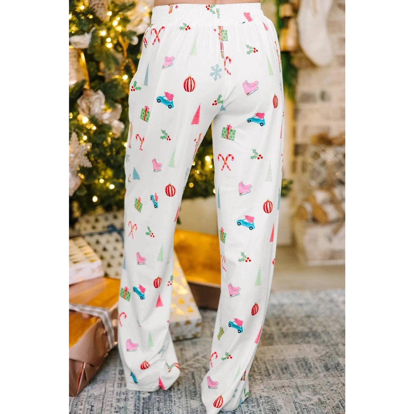 White Christmas Print Lapel Shirt and Pants Sleepwear