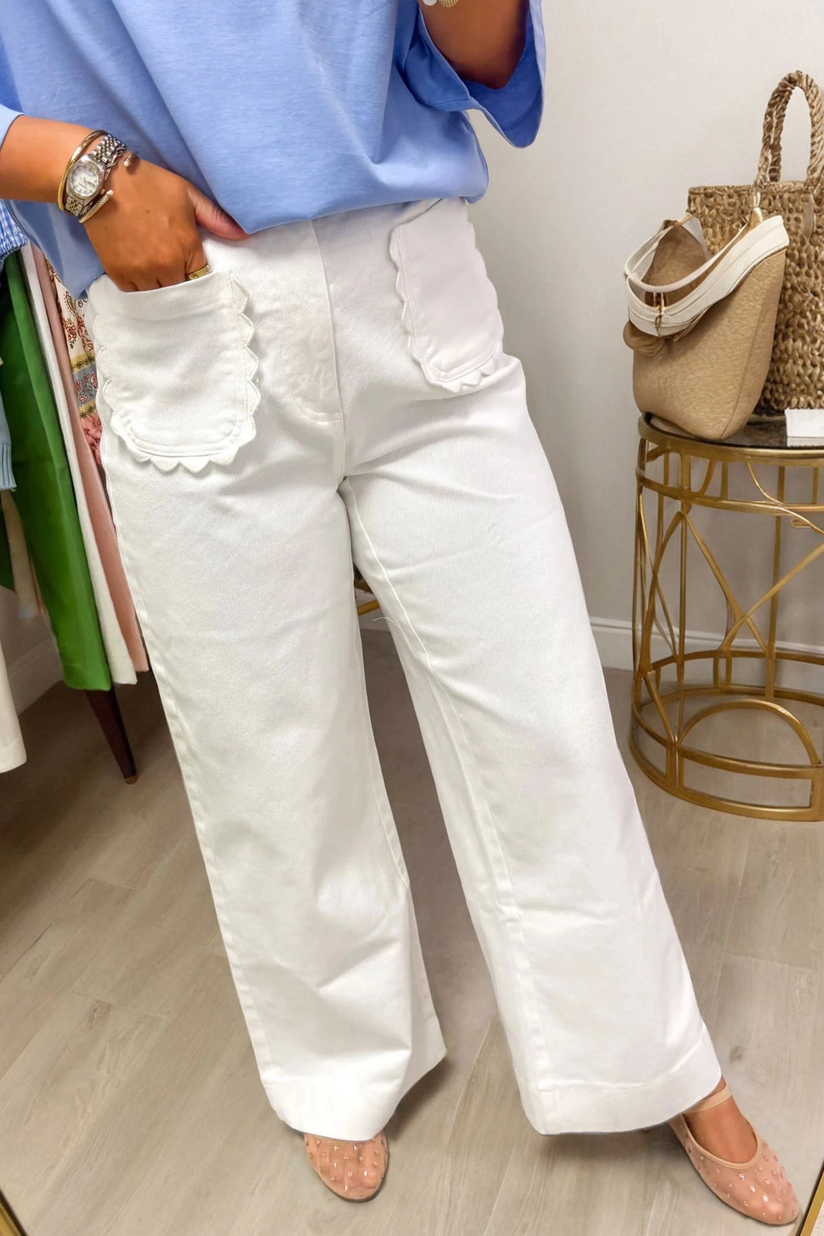 Carlyle White Scalloped Patch Pocket Shift Jeans