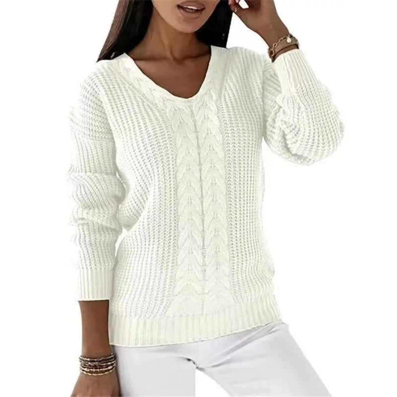 Marlena White Chunky Knit V Neck Sweater