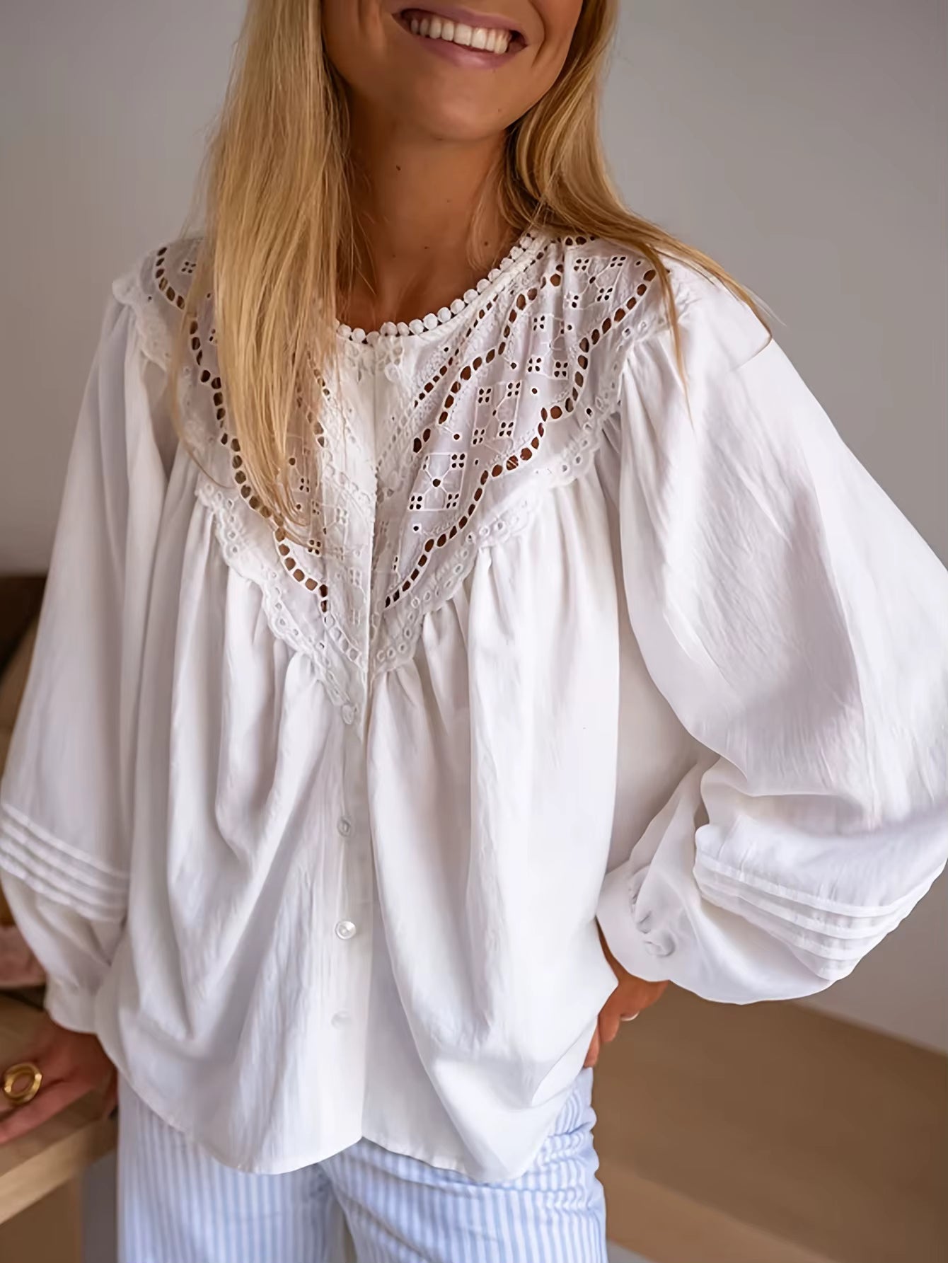 Denise White Lace Yoke Blouse with Elegant Cutout Detail
