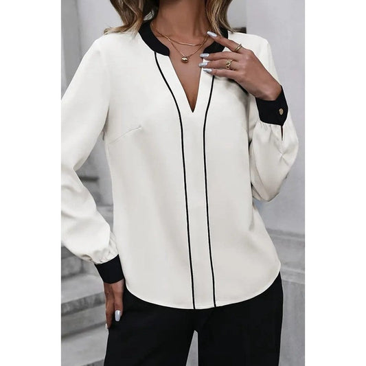Lolisa White Notch Neck Contrast Trim Blouse