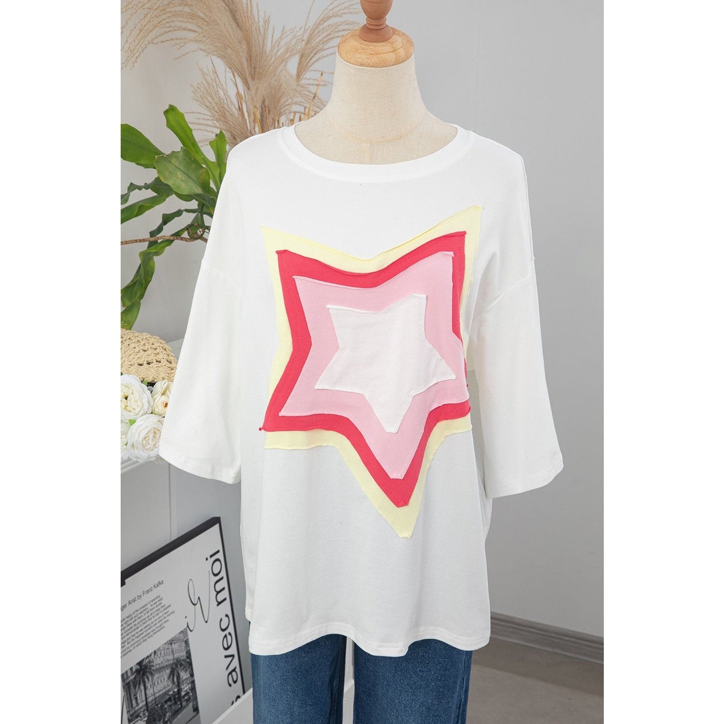 Joan White Colorblock Star Patched Half Sleeve Oversized Tee