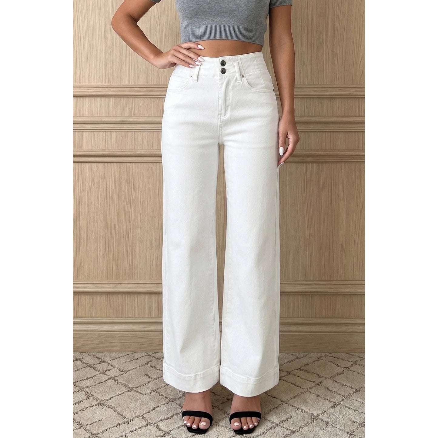Catlee White 2-Button High Waist Flared Bottom Jeans