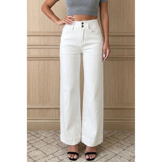 Catlee White 2-Button High Waist Flared Bottom Jeans