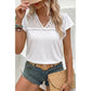 Angie White Sheer Lace Splicing Split Neck Ruffle Short Sleeve Blouse