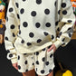 Marci Off White Polka Dot Print Drop Shoulder Pullover Drawstring Shorts Set