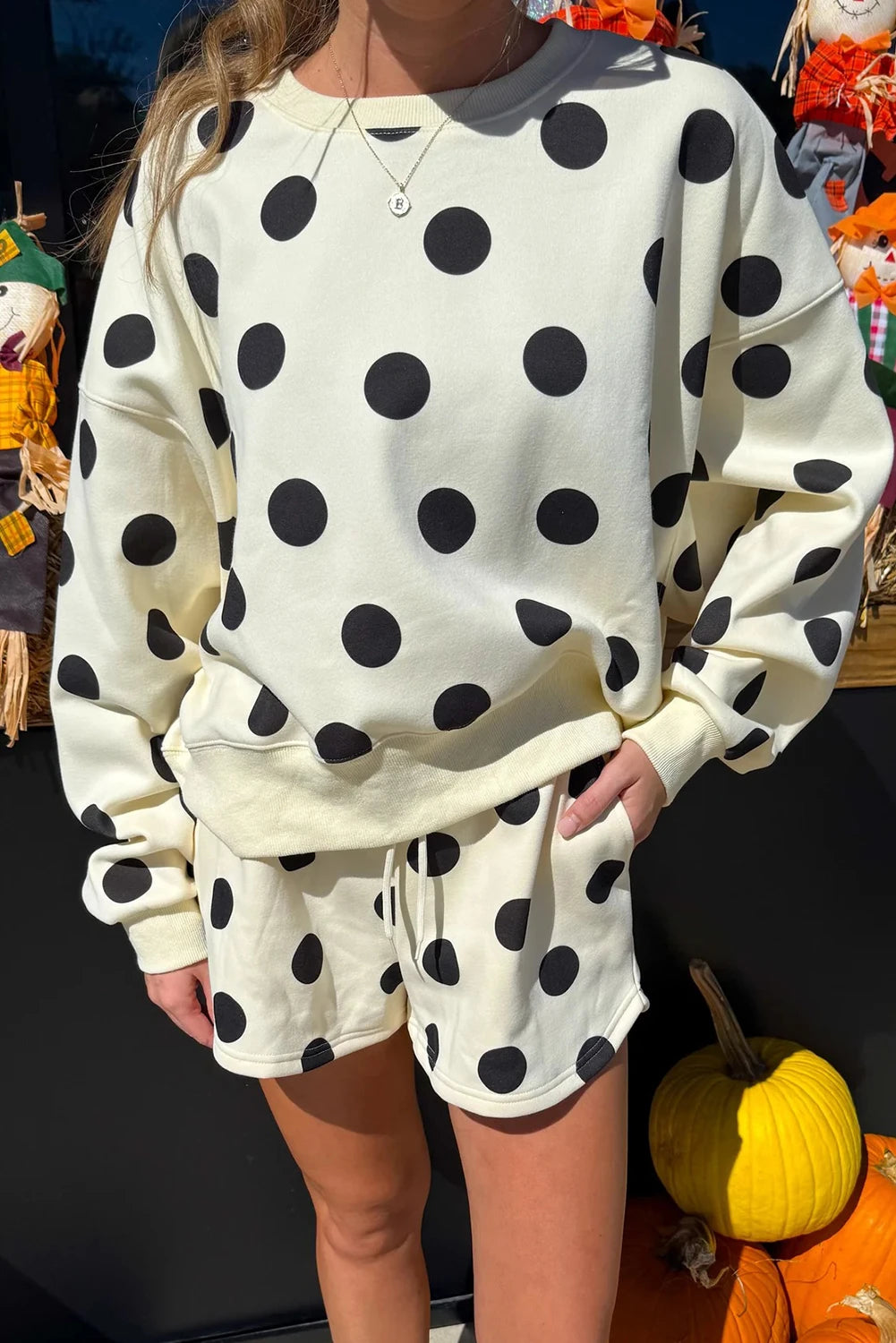 Marci Off White Polka Dot Print Drop Shoulder Pullover Drawstring Shorts Set