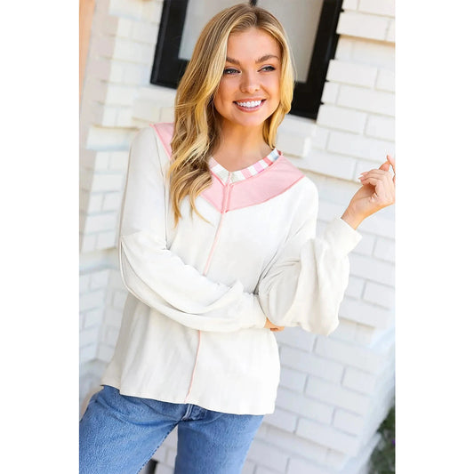 RTS White Exposed Seam Rainbow Stripe Color Block V Neck Loose Long Sleeve Top