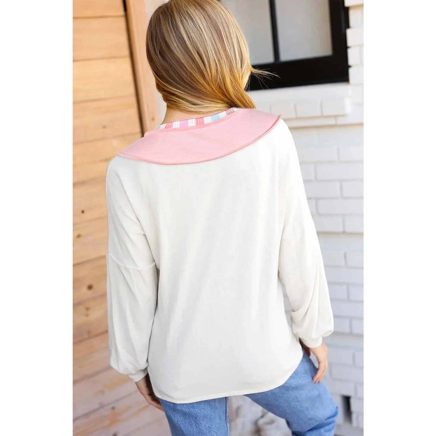 RTS White Exposed Seam Rainbow Stripe Color Block V Neck Loose Long Sleeve Top