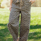 Wileen Khaki Leopard Print Drawstring Elastic Waist Loose Denim Pants with Pockets