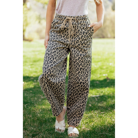 Wileen Khaki Leopard Print Drawstring Elastic Waist Loose Denim Pants with Pockets