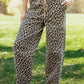 Wileen Khaki Leopard Print Drawstring Elastic Waist Loose Denim Pants with Pockets