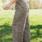Wileen Khaki Leopard Print Drawstring Elastic Waist Loose Denim Pants with Pockets
