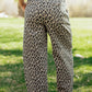 Wileen Khaki Leopard Print Drawstring Elastic Waist Loose Denim Pants with Pockets