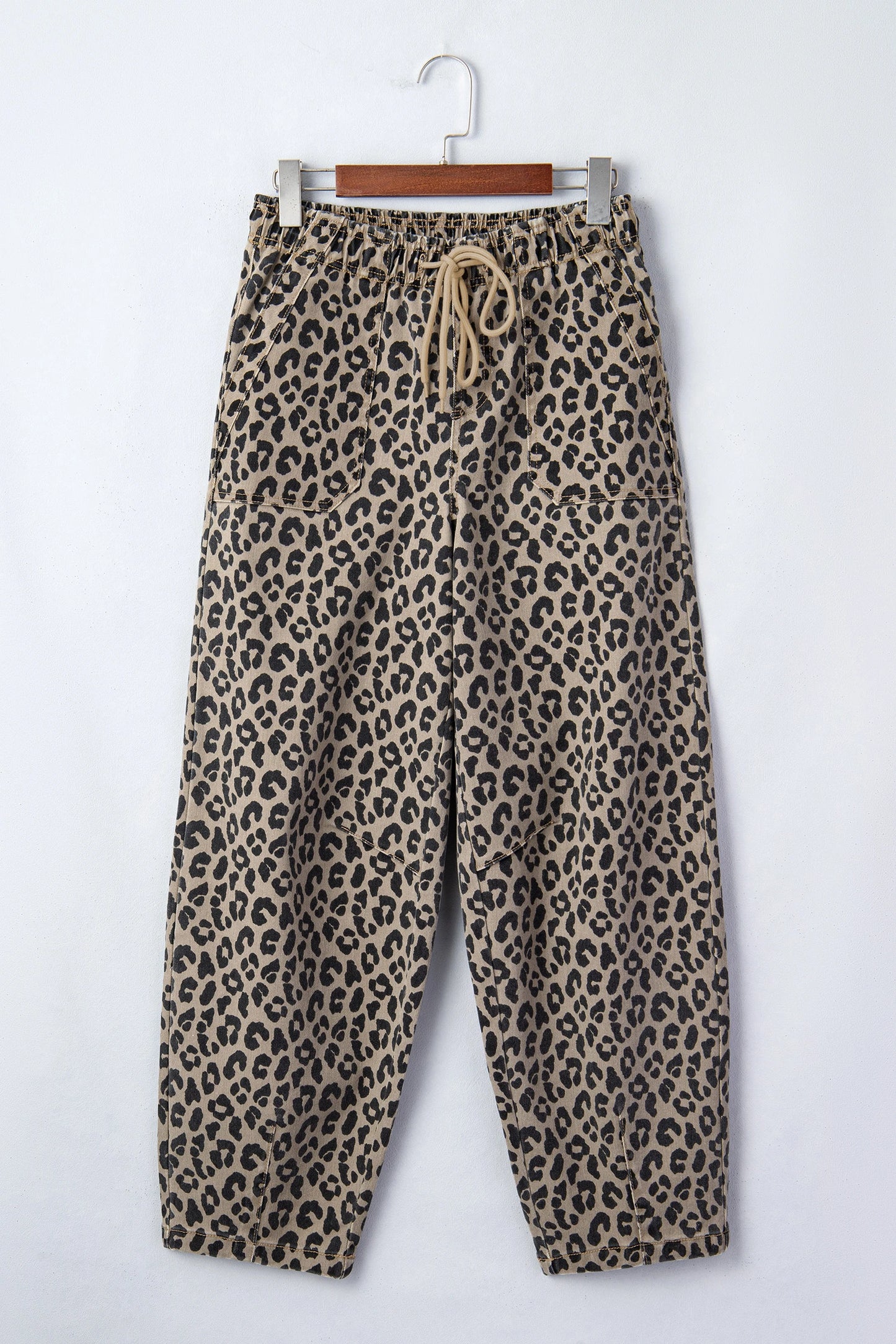 Wileen Khaki Leopard Print Drawstring Elastic Waist Loose Denim Pants with Pockets