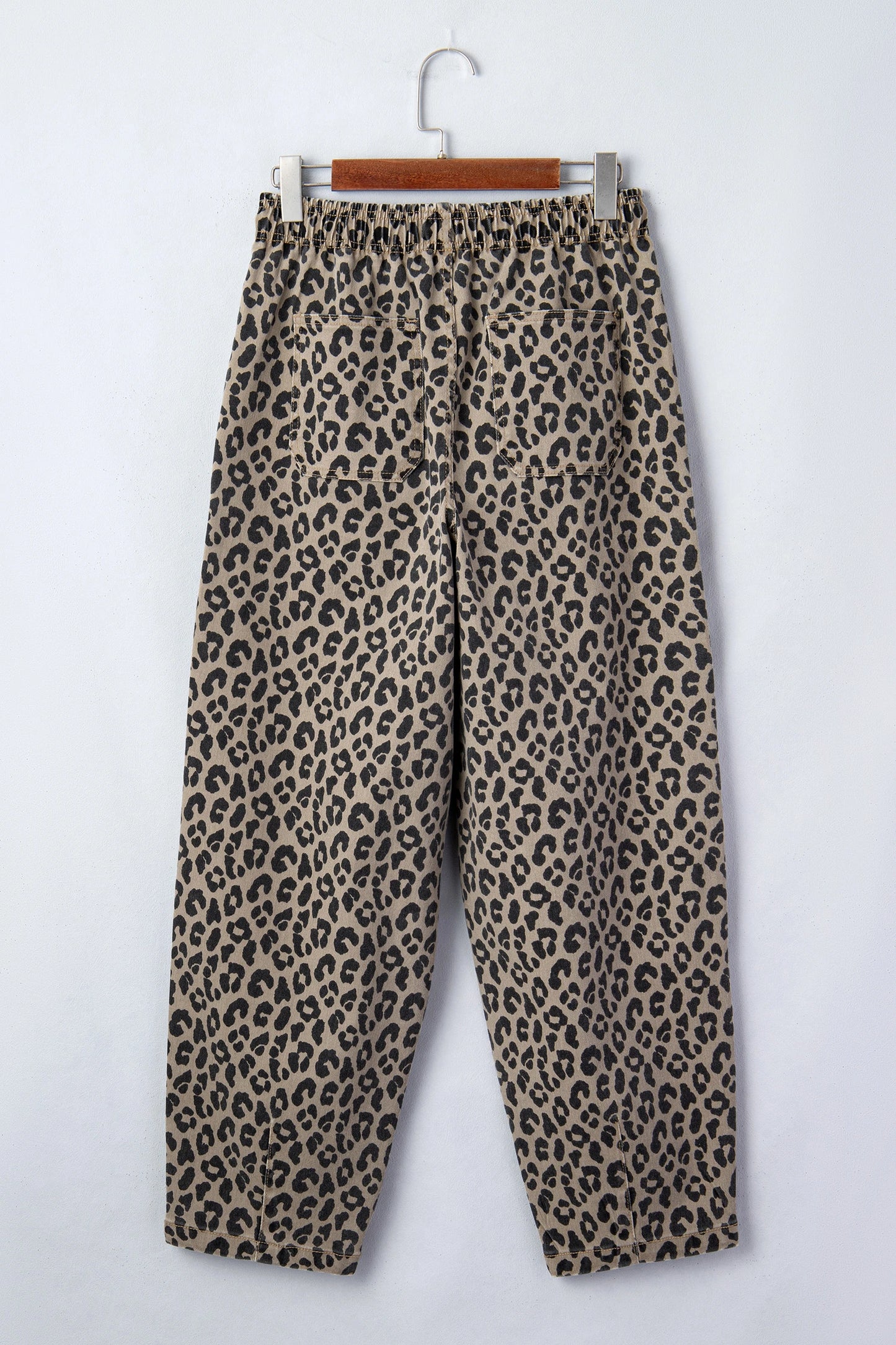 Wileen Khaki Leopard Print Drawstring Elastic Waist Loose Denim Pants with Pockets
