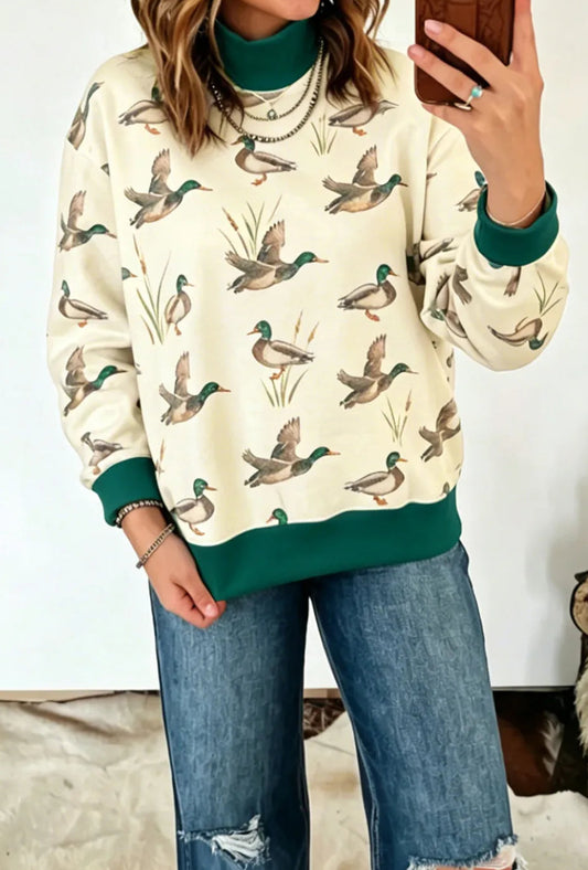 Wilfred Mallard Print Patchwork Colorblock High Neck Sweatshirt