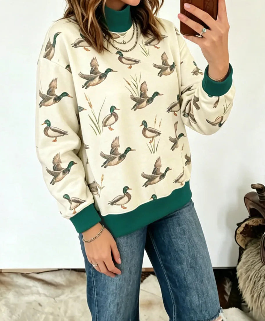 Wilfred Mallard Print Patchwork Colorblock High Neck Sweatshirt