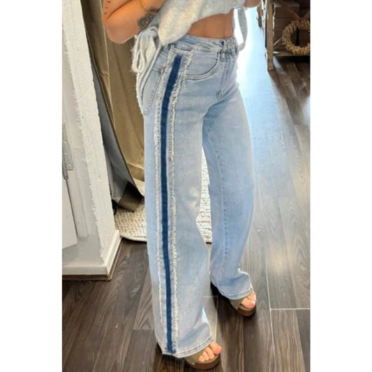 Willow Beau Blue Contrast Stripe Frayed Side Panel Patchwork Shift Jeans