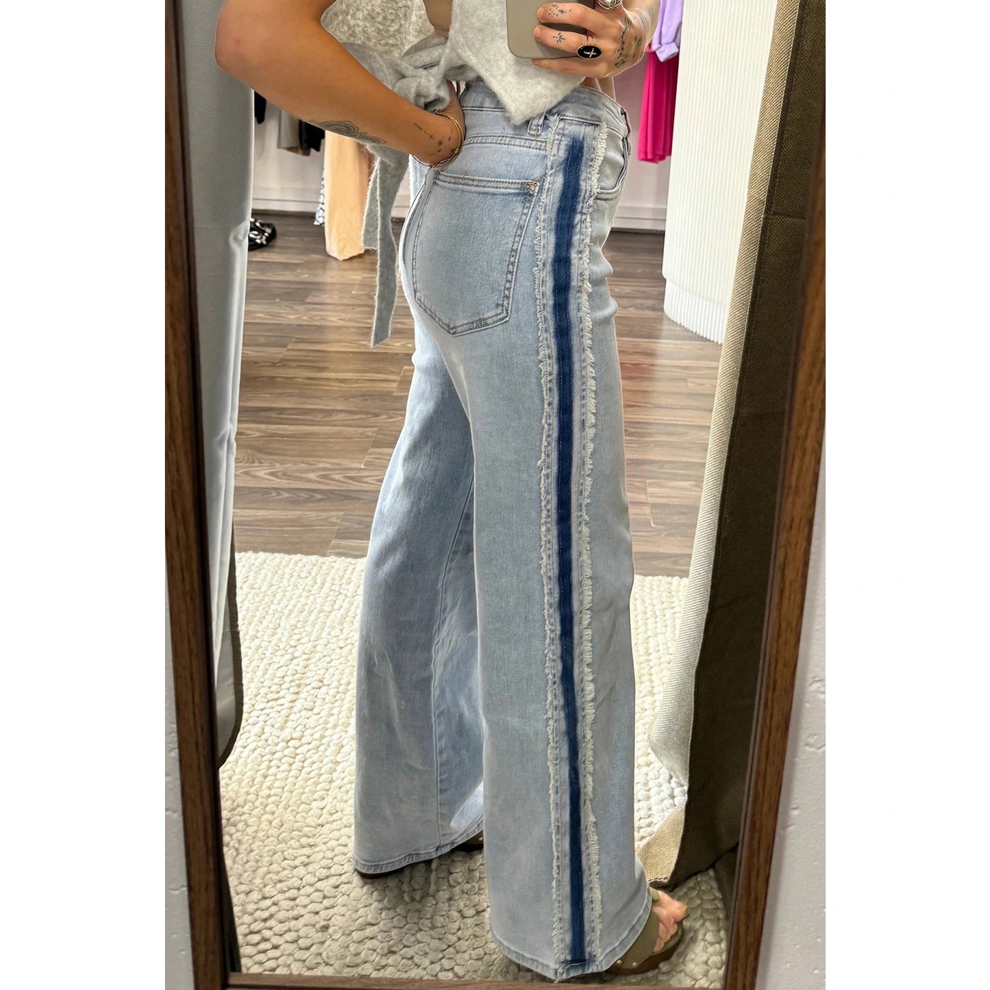 Willow Beau Blue Contrast Stripe Frayed Side Panel Patchwork Shift Jeans