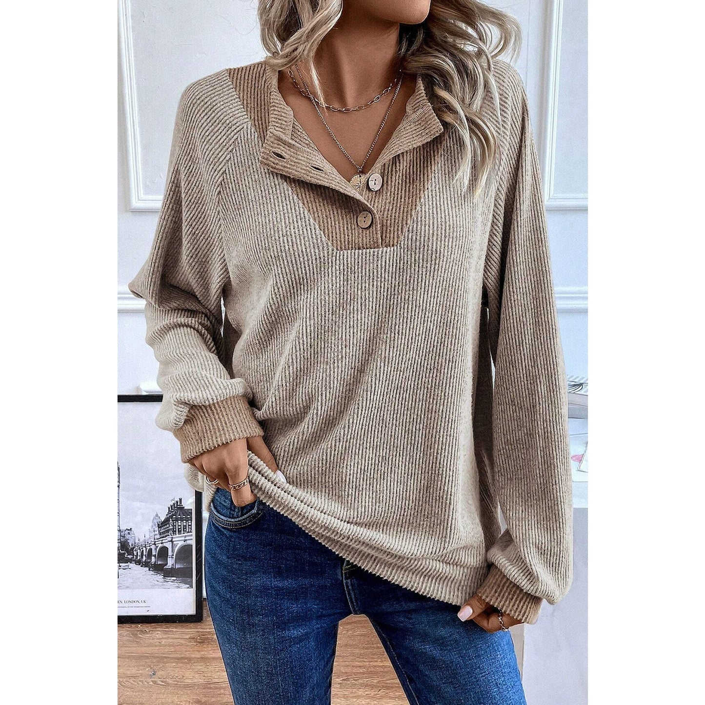 Wilma Color Contrast Ribbed Loose Fit Long Sleeve Top