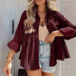 Daisie Mae Wine Corduroy Button Down Ruffle Long Sleeve Shacket