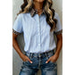 Winnie Sky Blue Stripe Leopard Contrast Collar Short Sleeve Shirt