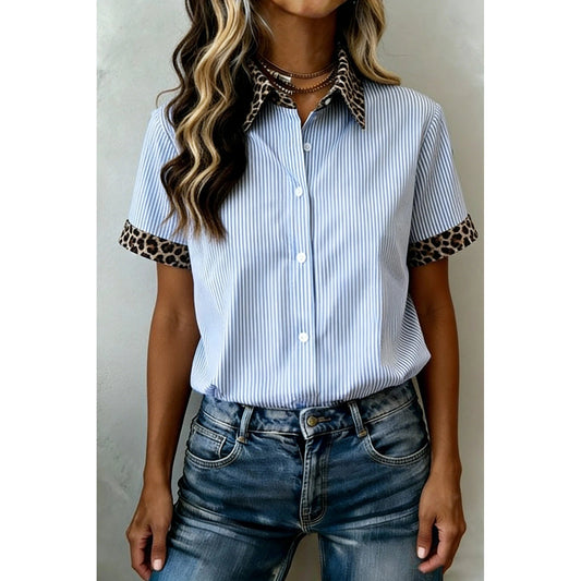 Winnie Sky Blue Stripe Leopard Contrast Collar Short Sleeve Shirt