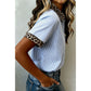 Winnie Sky Blue Stripe Leopard Contrast Collar Short Sleeve Shirt