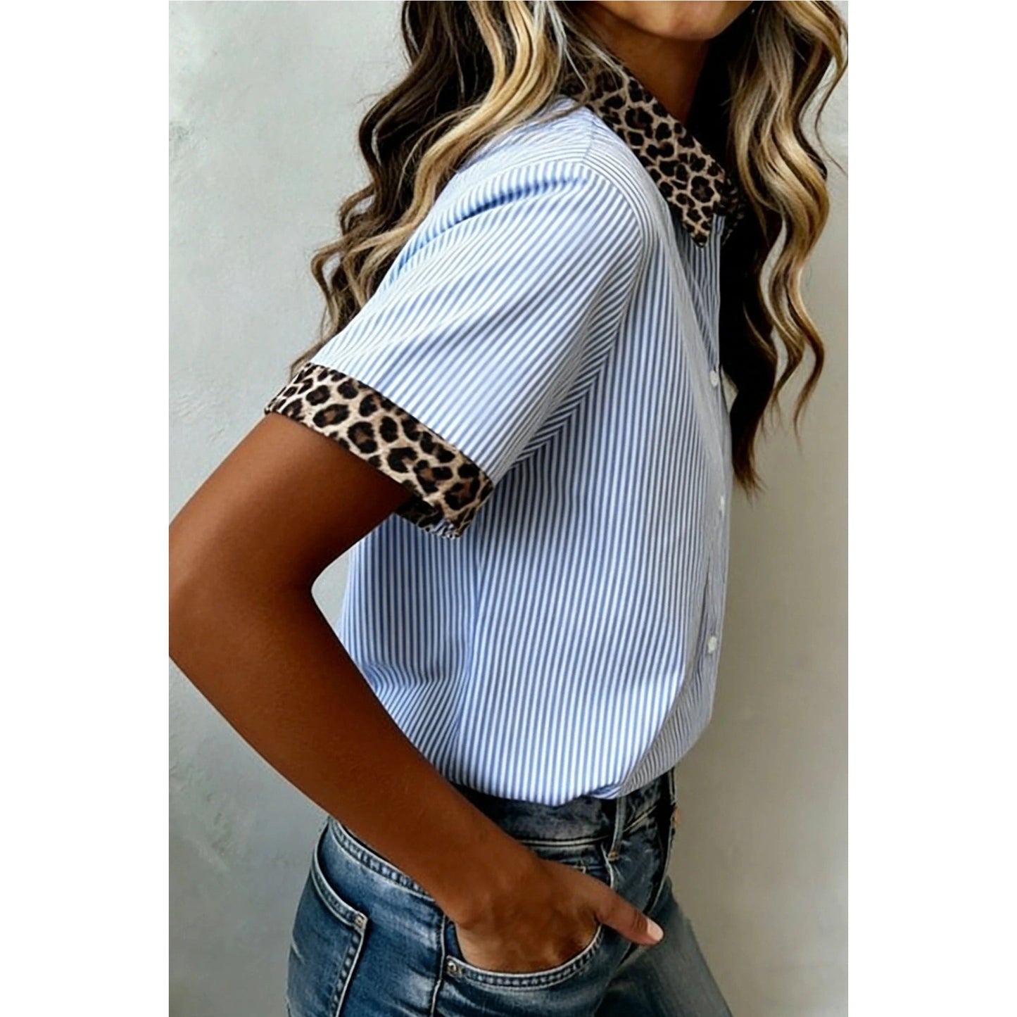 Winnie Sky Blue Stripe Leopard Contrast Collar Short Sleeve Shirt