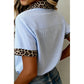 Winnie Sky Blue Stripe Leopard Contrast Collar Short Sleeve Shirt