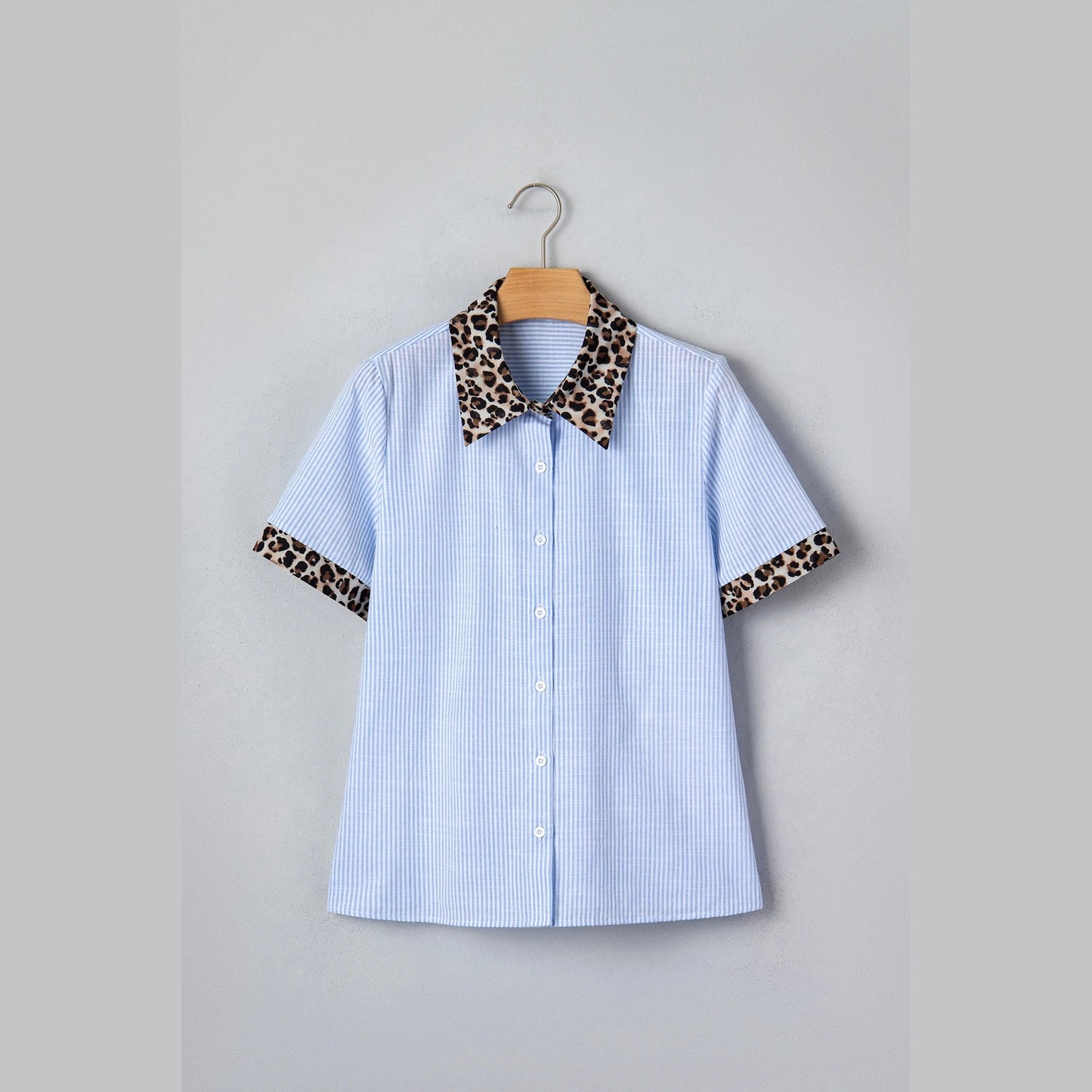 Winnie Sky Blue Stripe Leopard Contrast Collar Short Sleeve Shirt