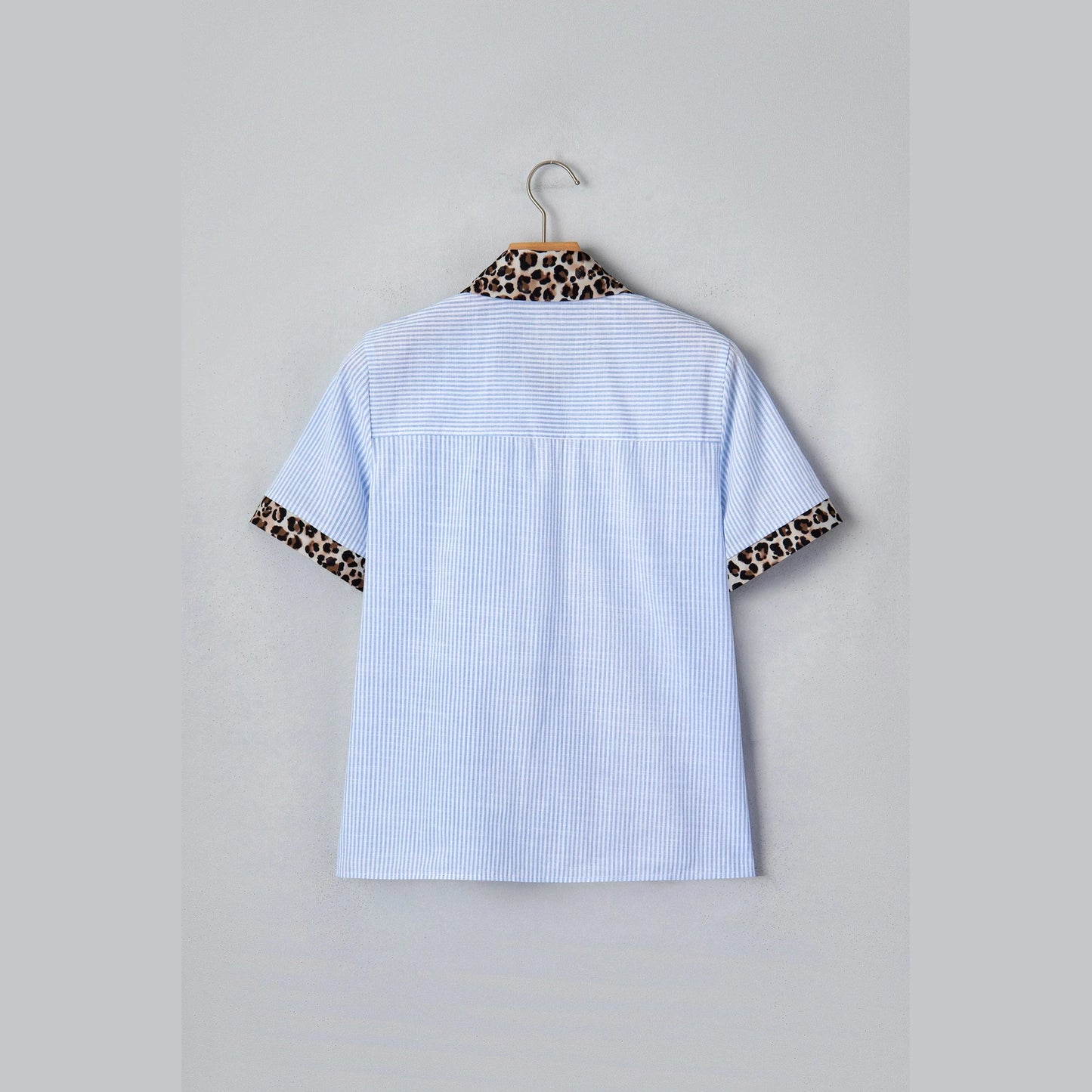 Winnie Sky Blue Stripe Leopard Contrast Collar Short Sleeve Shirt