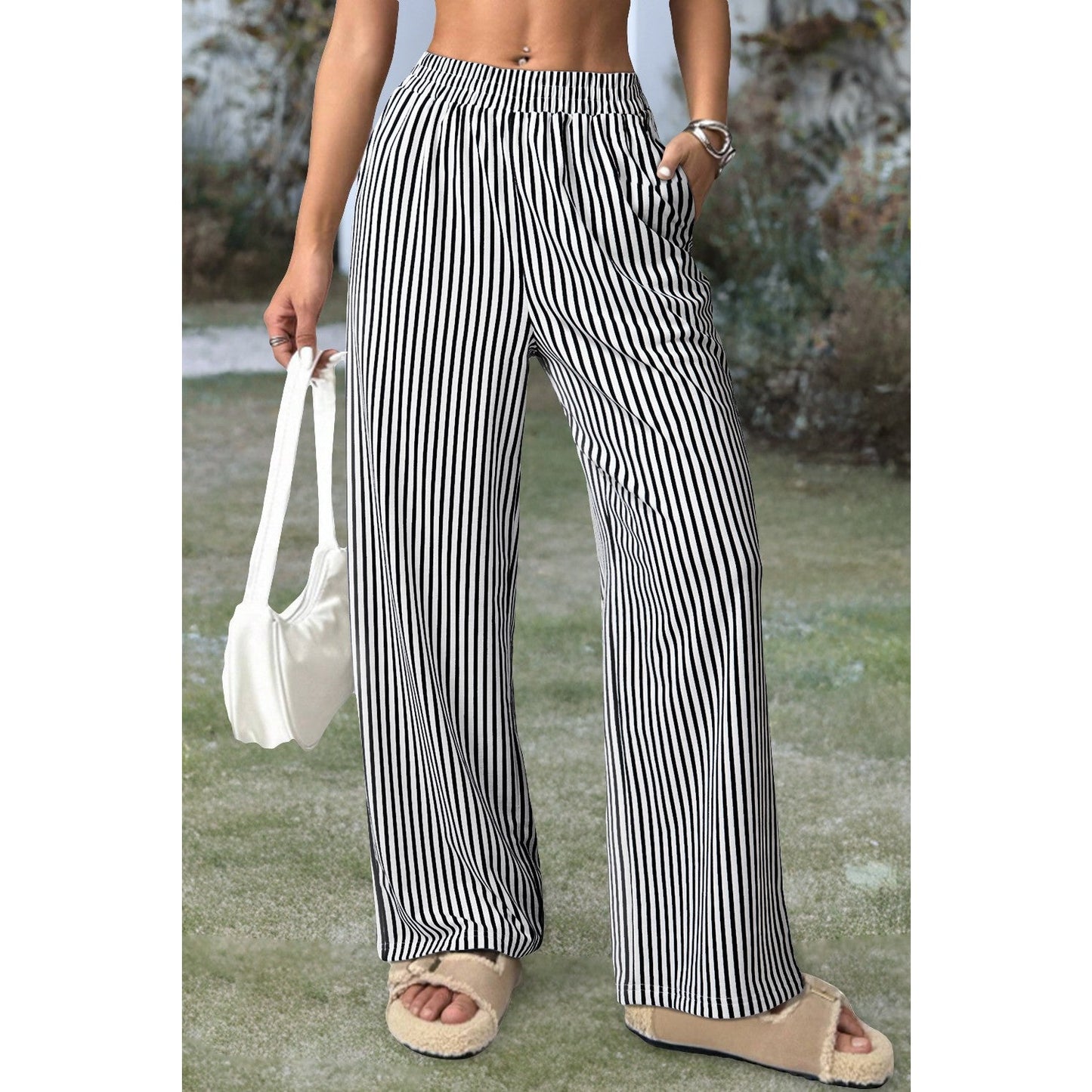 Winona Black Stripe Elastic High Waist Pocketed Loose Pants