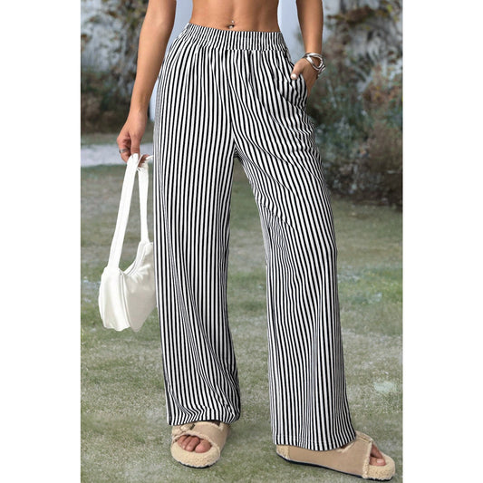Winona Black Stripe Elastic High Waist Pocketed Loose Pants