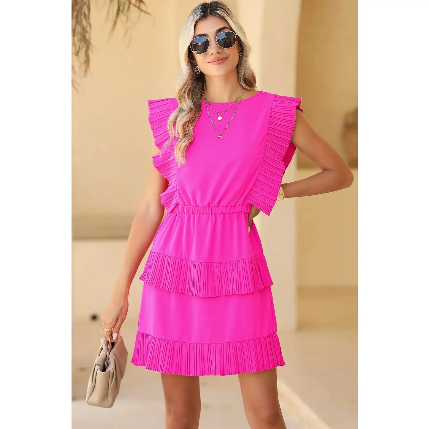 Winona Bright Pink Solid Color Pleated Layered Flutter Mini Dress