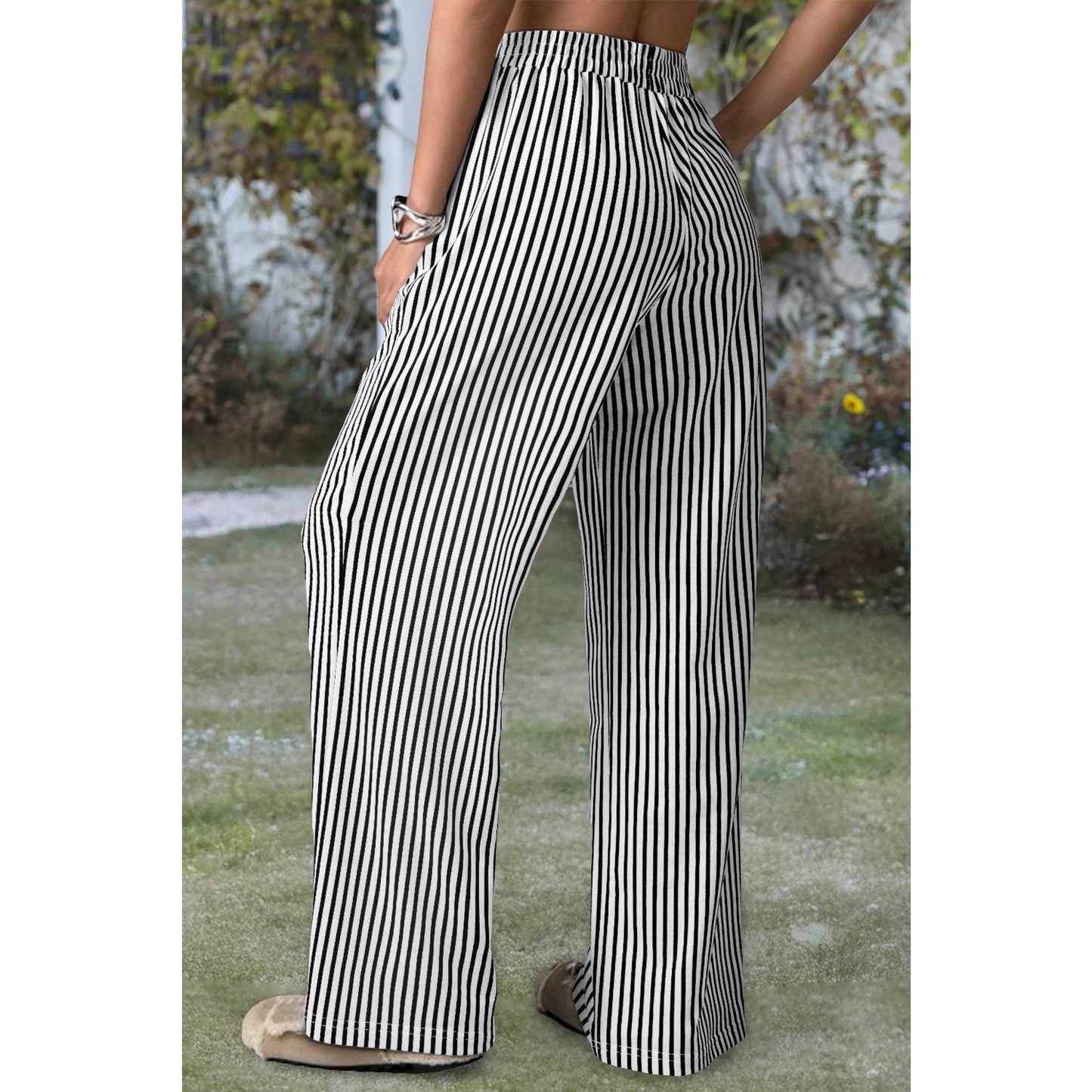 Winona Black Stripe Elastic High Waist Pocketed Loose Pants