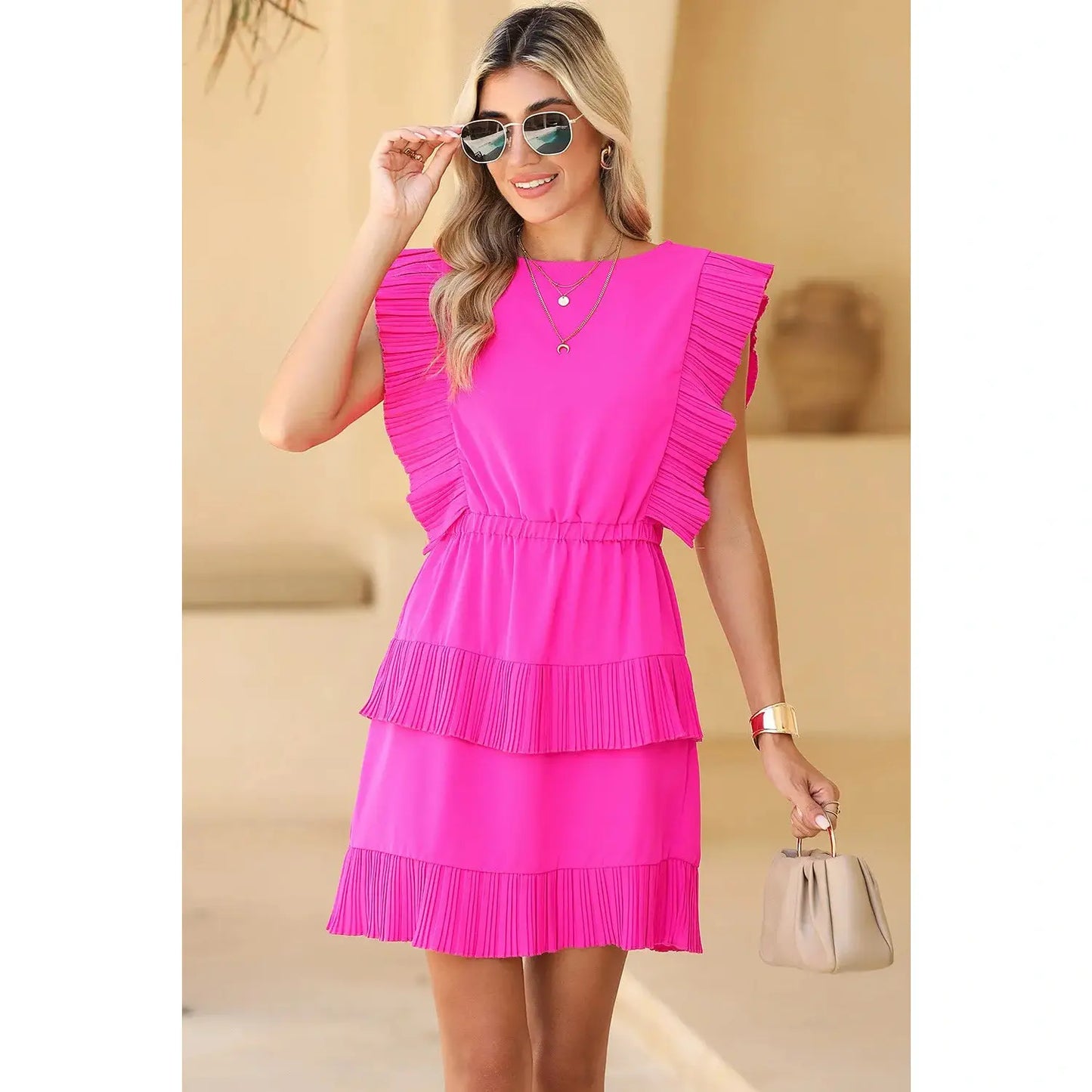 Winona Bright Pink Solid Color Pleated Layered Flutter Mini Dress