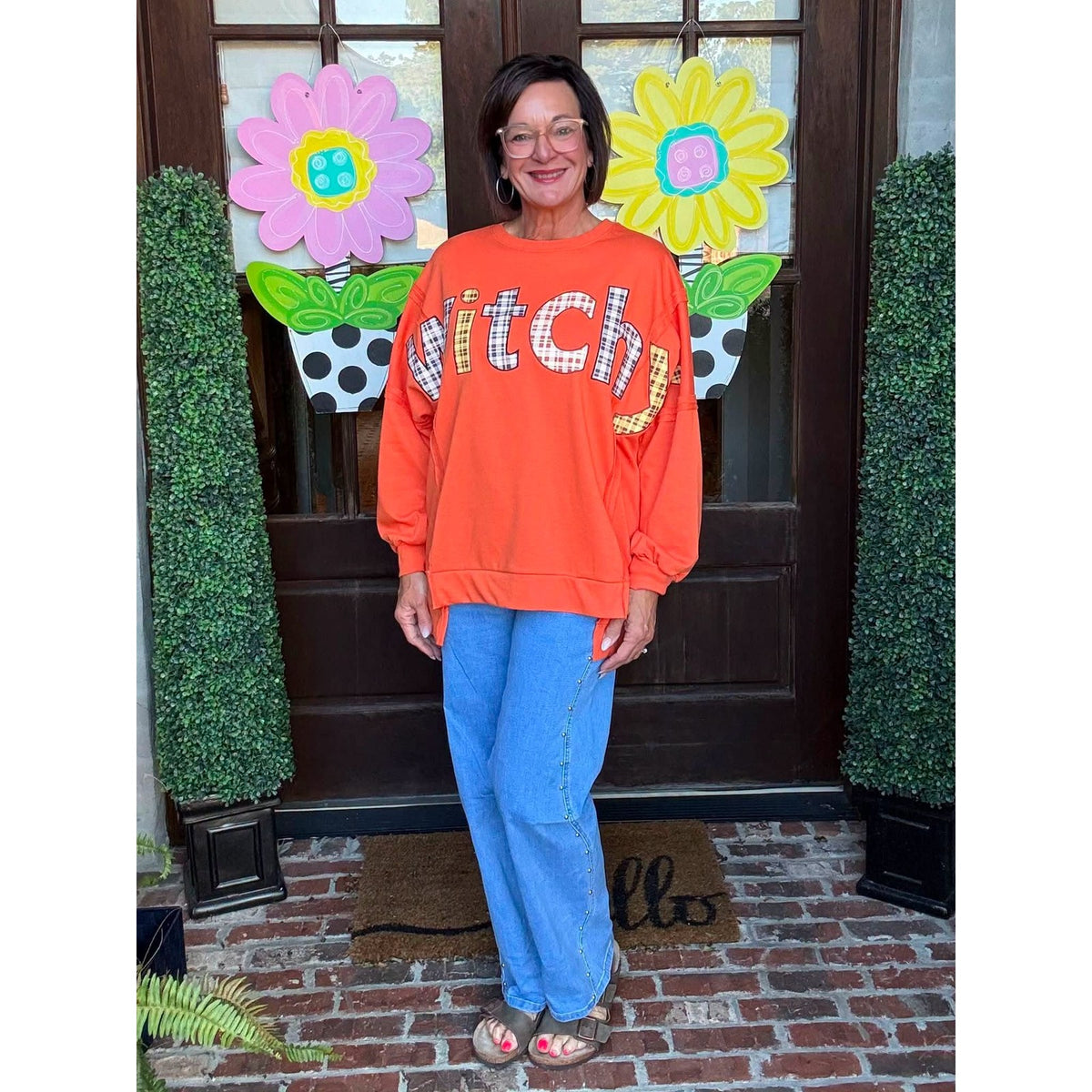 Halloween Witchy Plaid Slogan Embroidered Patch Tunic Sweatshirt