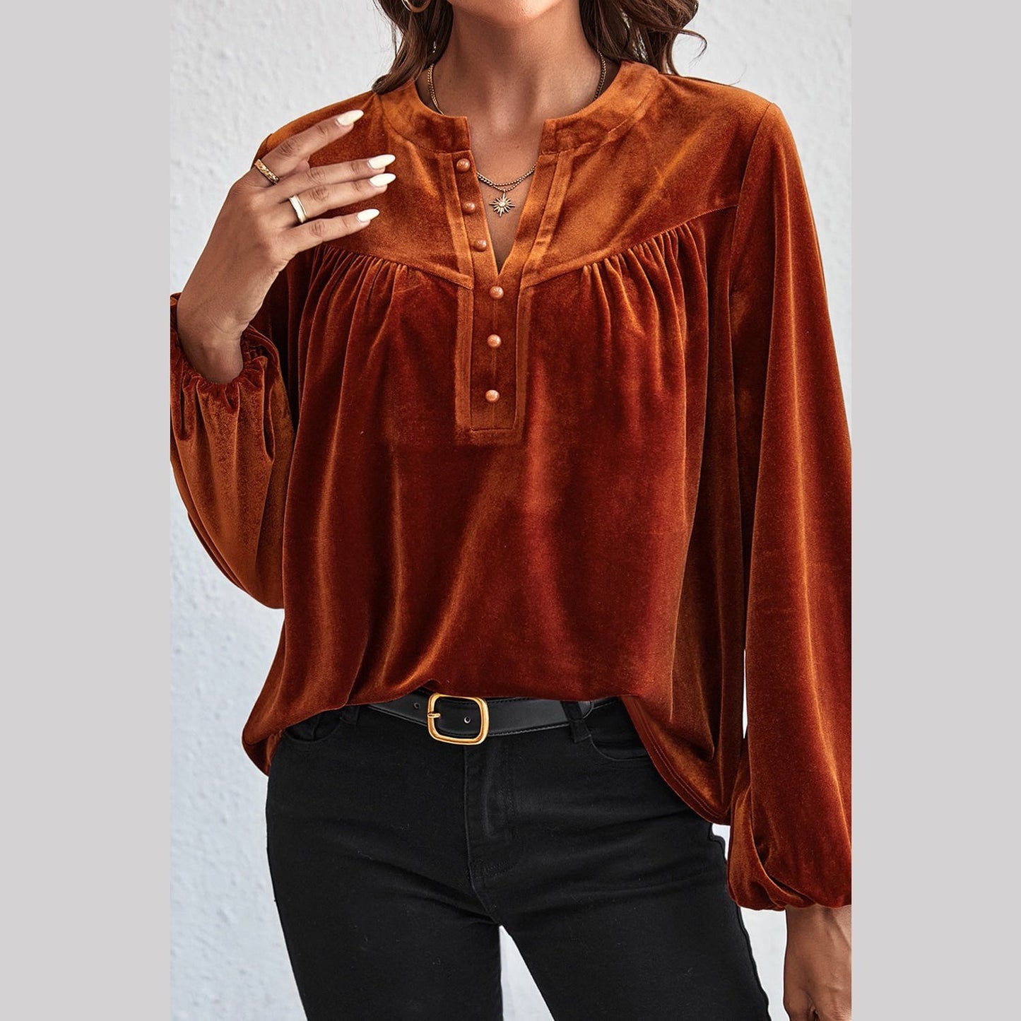 Wynsley Gold Flame Lantern Sleeve Beaded Split V Neck Velvet Top