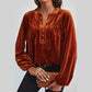 Wynsley Gold Flame Lantern Sleeve Beaded Split V Neck Velvet Top