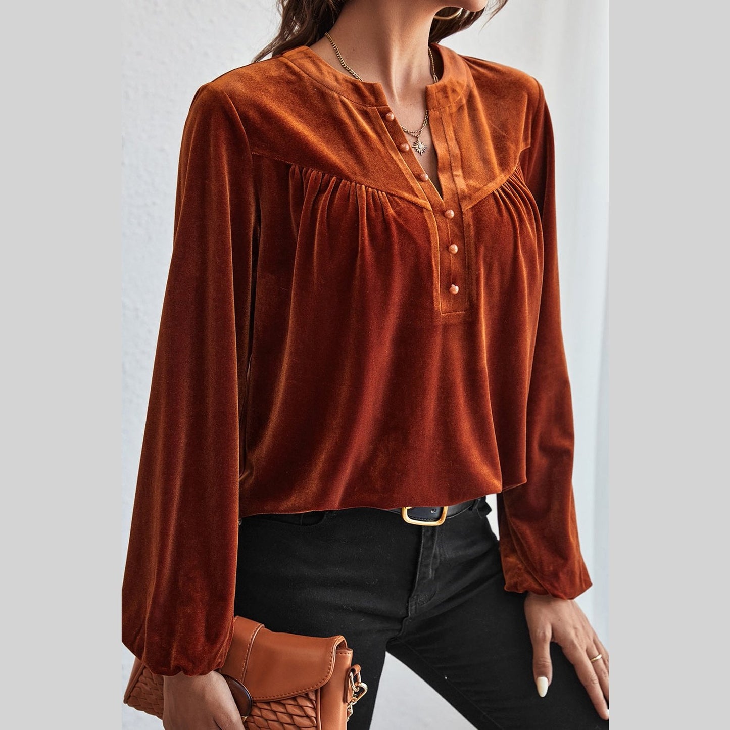 Wynsley Gold Flame Lantern Sleeve Beaded Split V Neck Velvet Top