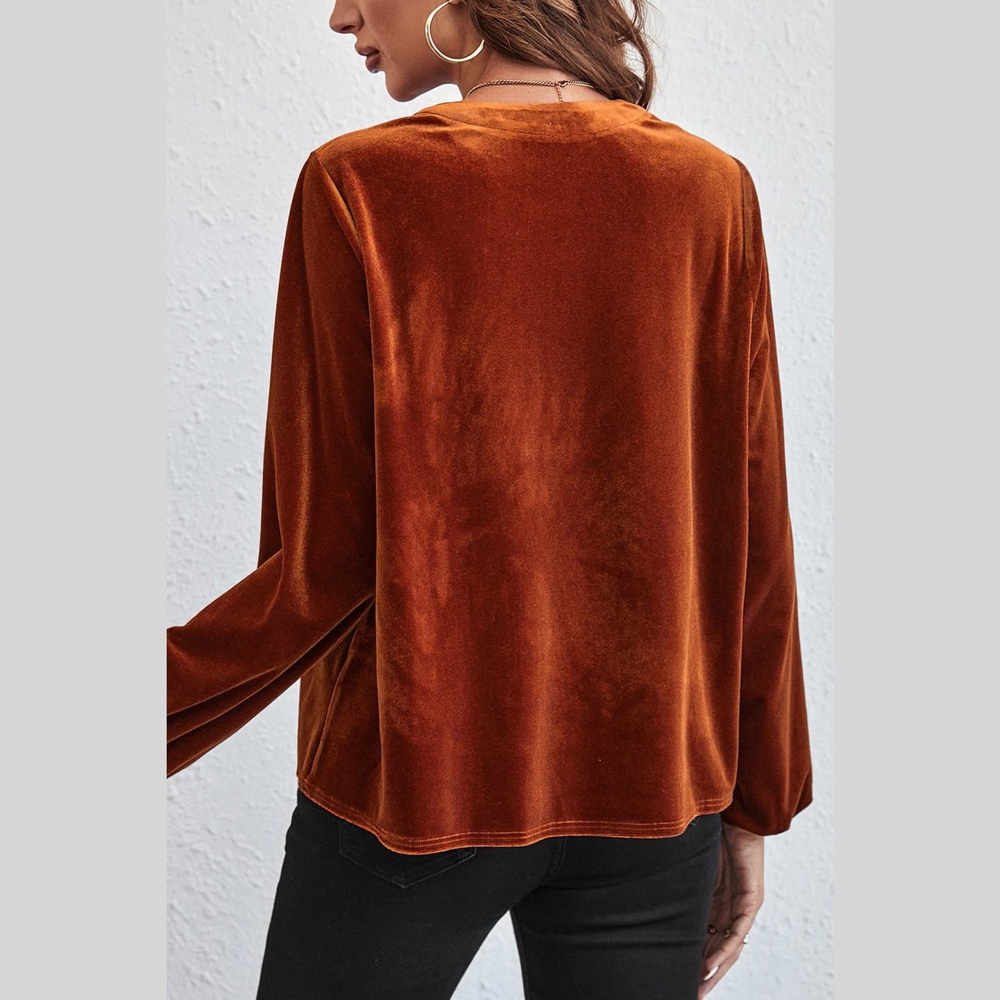 Wynsley Gold Flame Lantern Sleeve Beaded Split V Neck Velvet Top