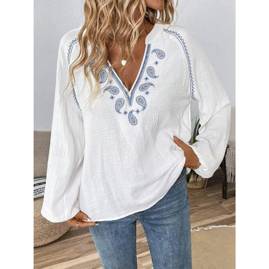 Yelena White Paisley Embroidered Textured Split Neck Long Puff Sleeve Blouse