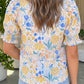 RTS Yellow Floral Print Striped Trim V Neck Puff Sleeve Blouse