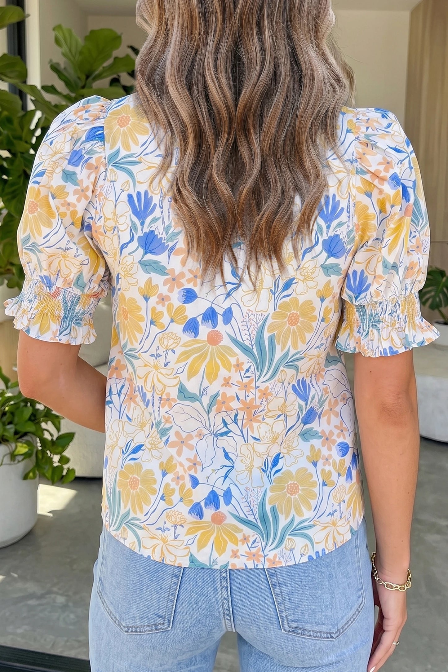 RTS Yellow Floral Print Striped Trim V Neck Puff Sleeve Blouse