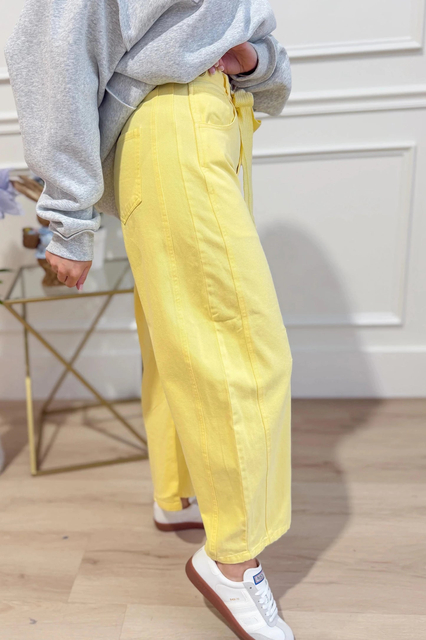 Francey Yellow Grommet Detail Knot Waist Barrel Jeans