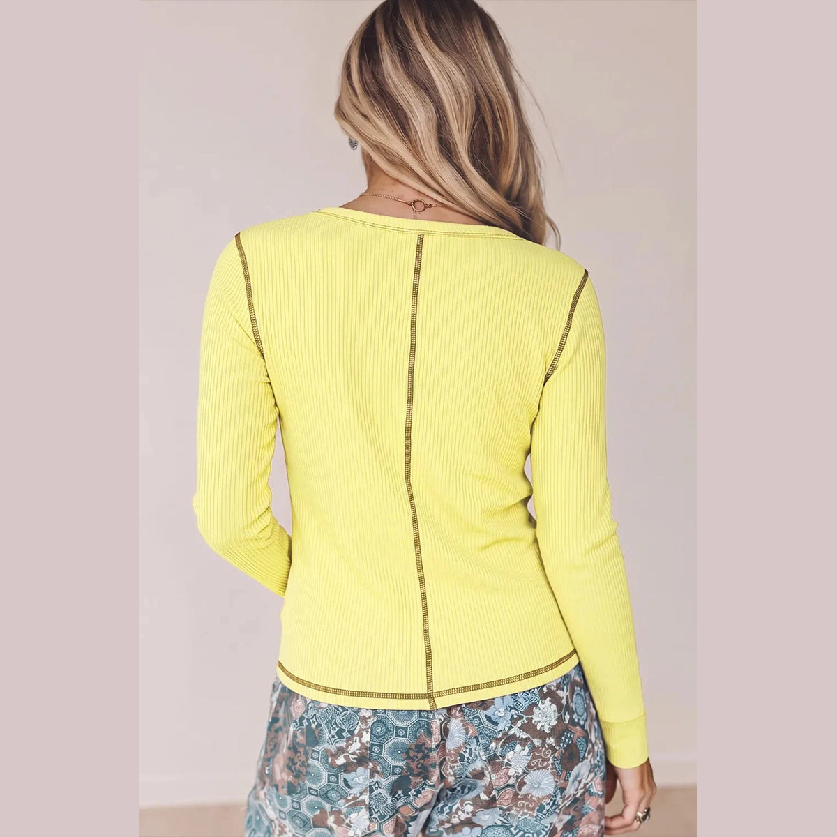 Hayley Yellow V Neck Ribbed Stitched Detail Long Sleeve Top