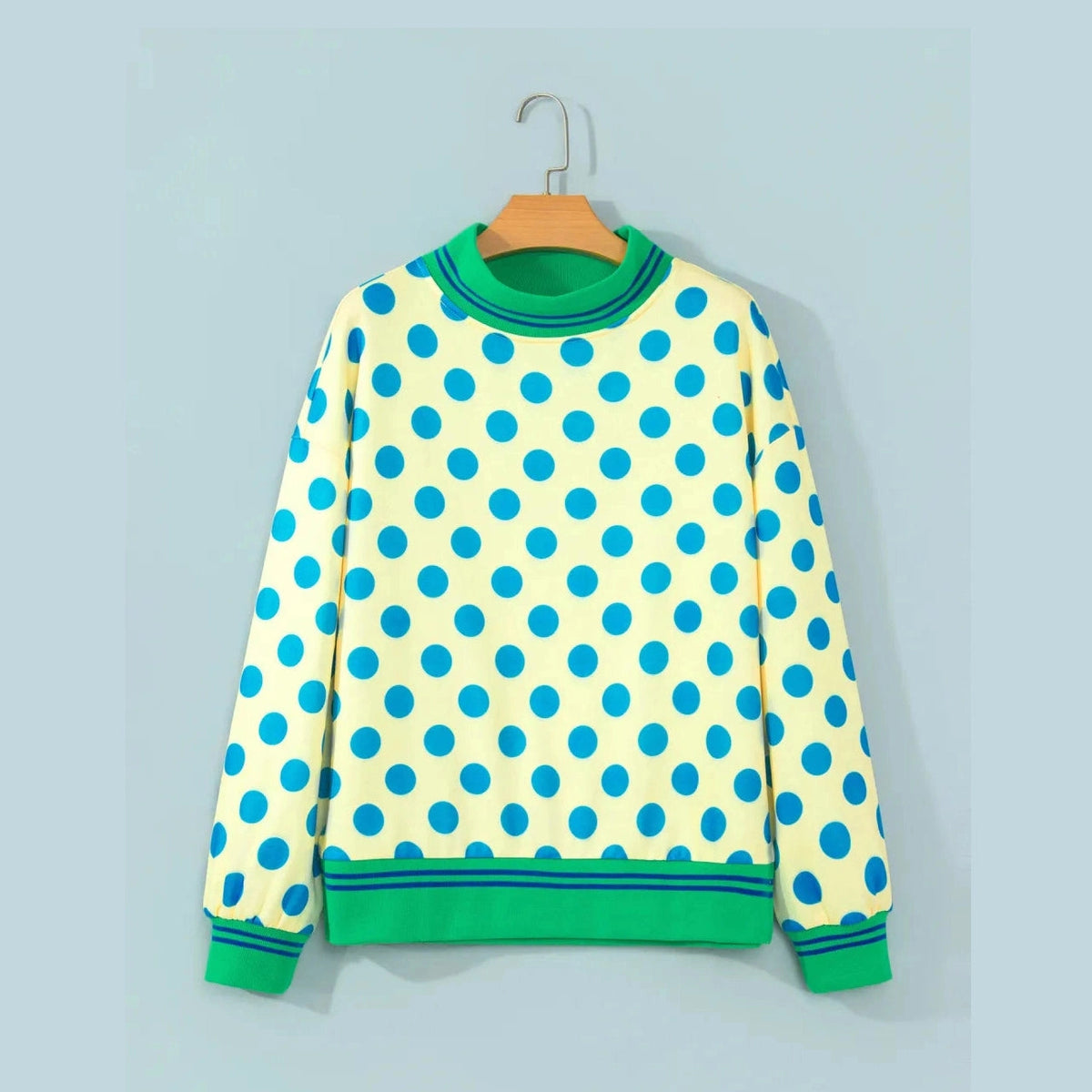 Graysen Yellow Polka Dot Striped Trim Mock Neck Sweatshirt
